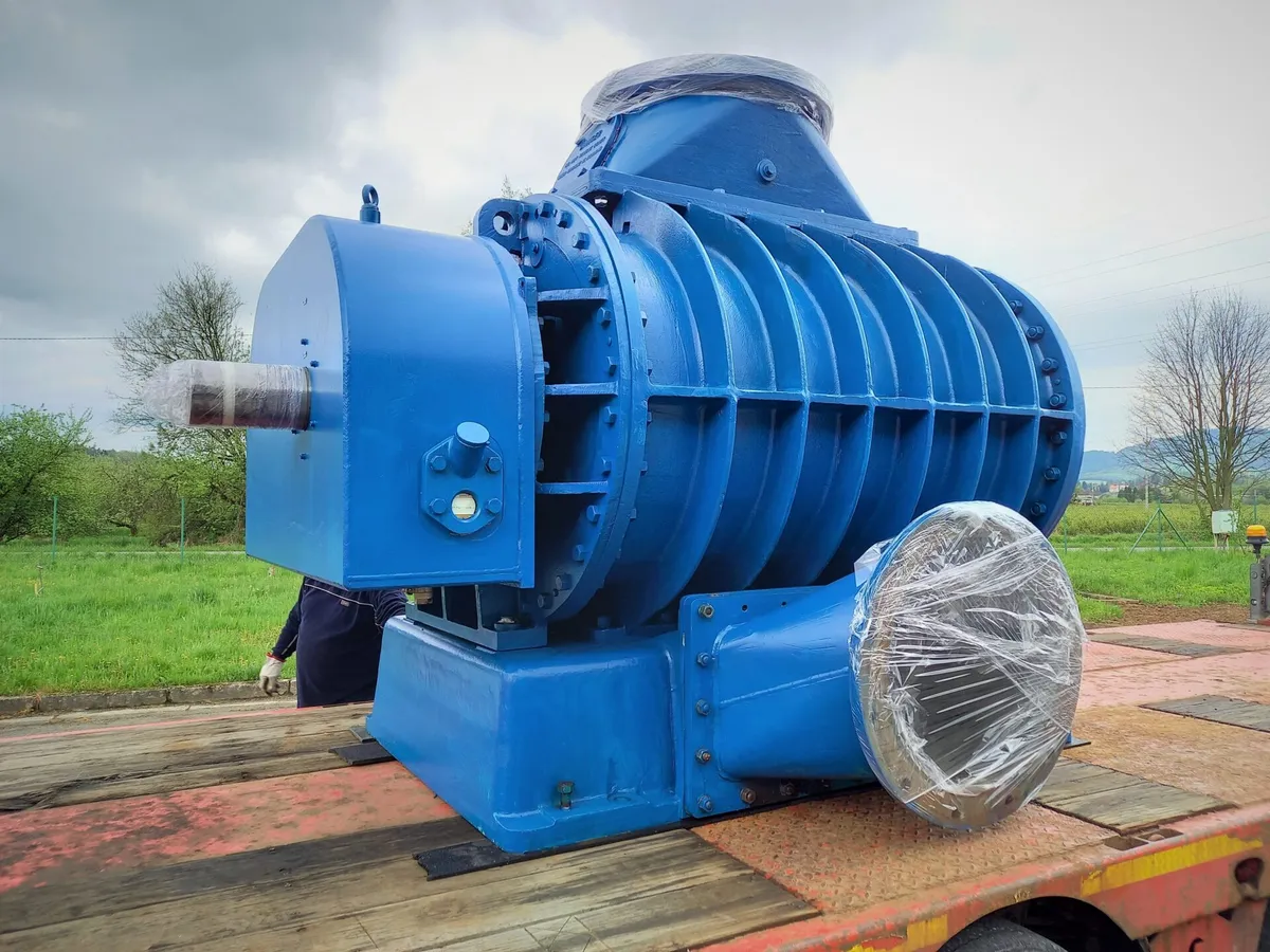 Rebuilt industrial blower painted and ready for delivery from KMS