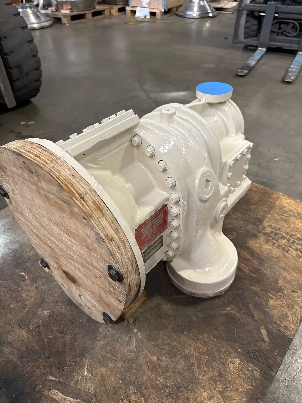 Roots-type blower mounted for inspection during a KMS rebuild