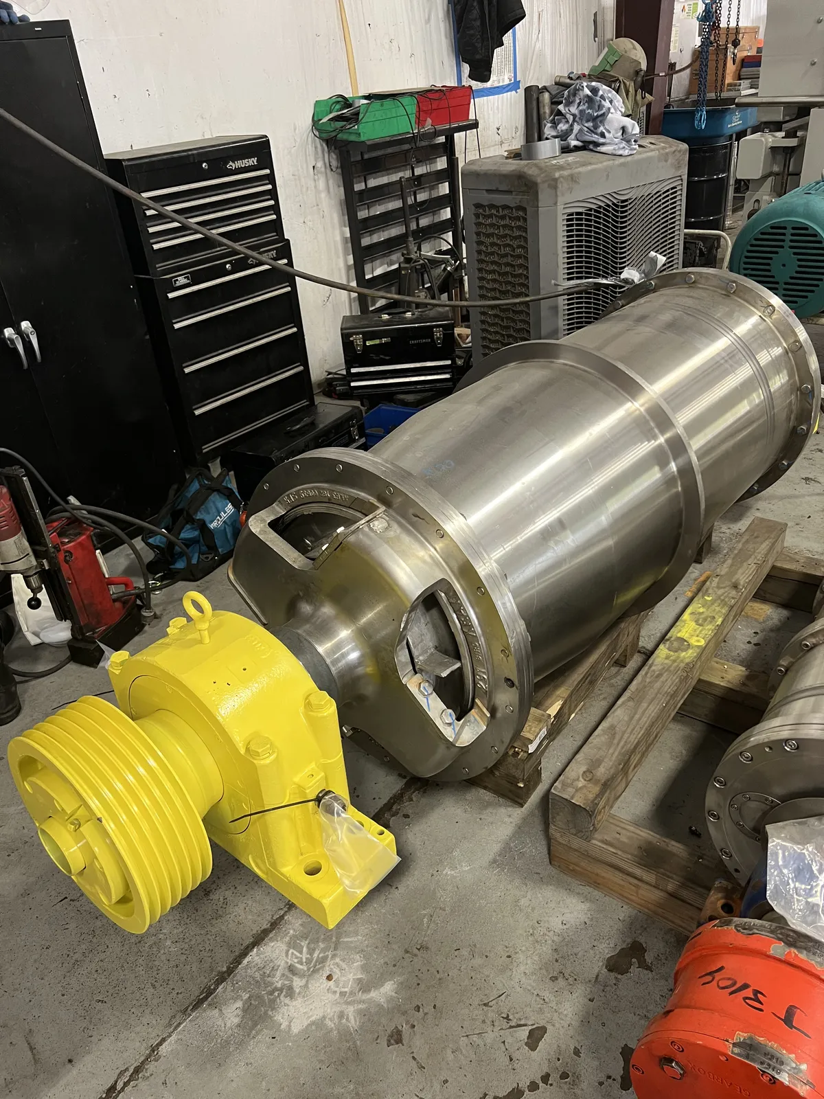 Stainless centrifuge rotor in the KMS shop during repair