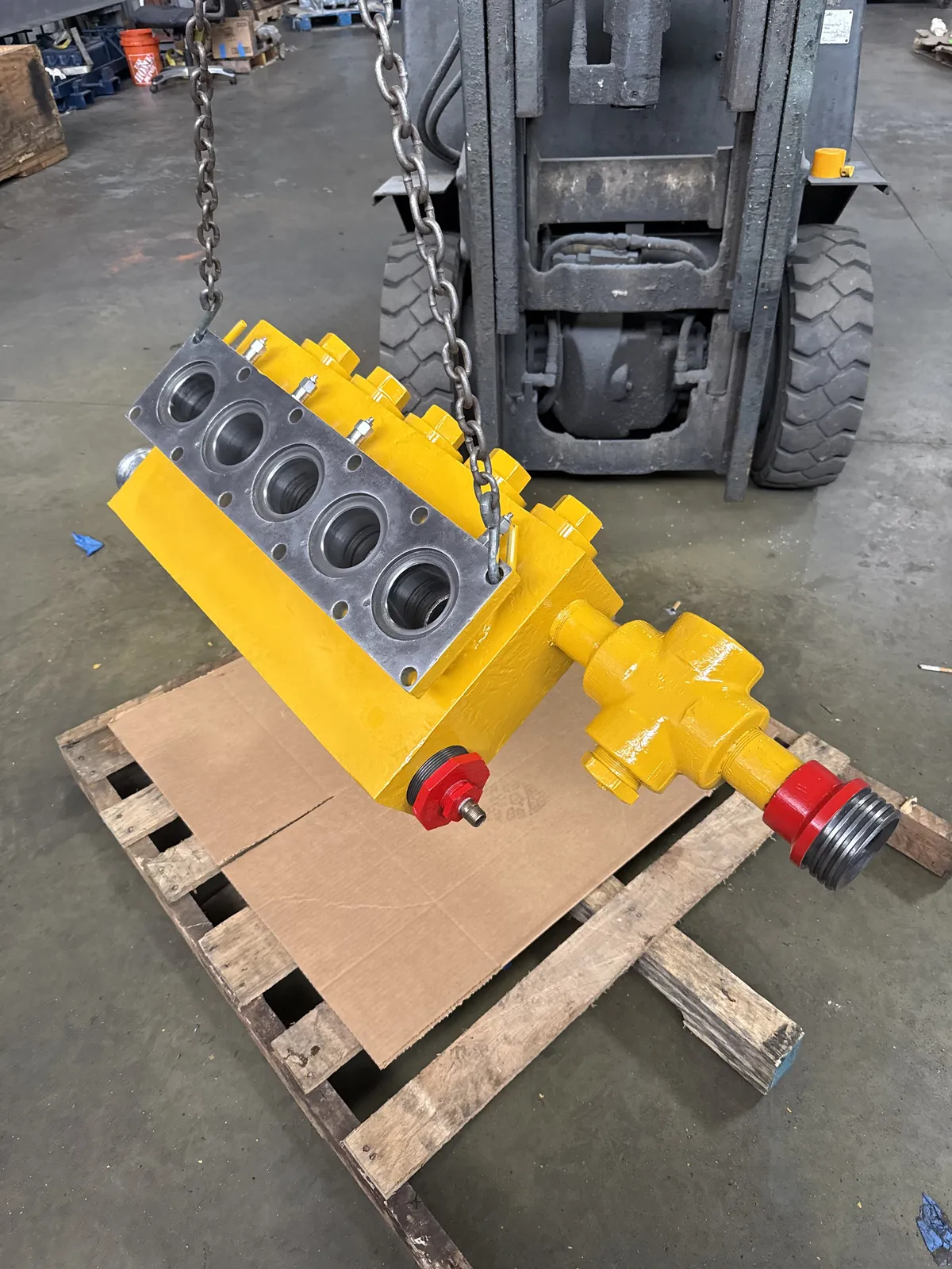 Mud pump fluid end module palletized after repair at KMS