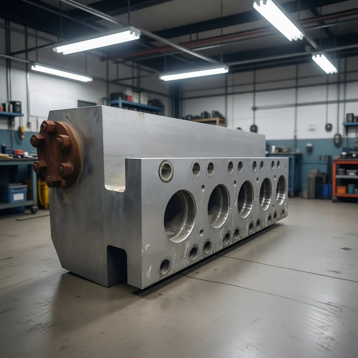 Fluid end block in the KMS machine shop during repair