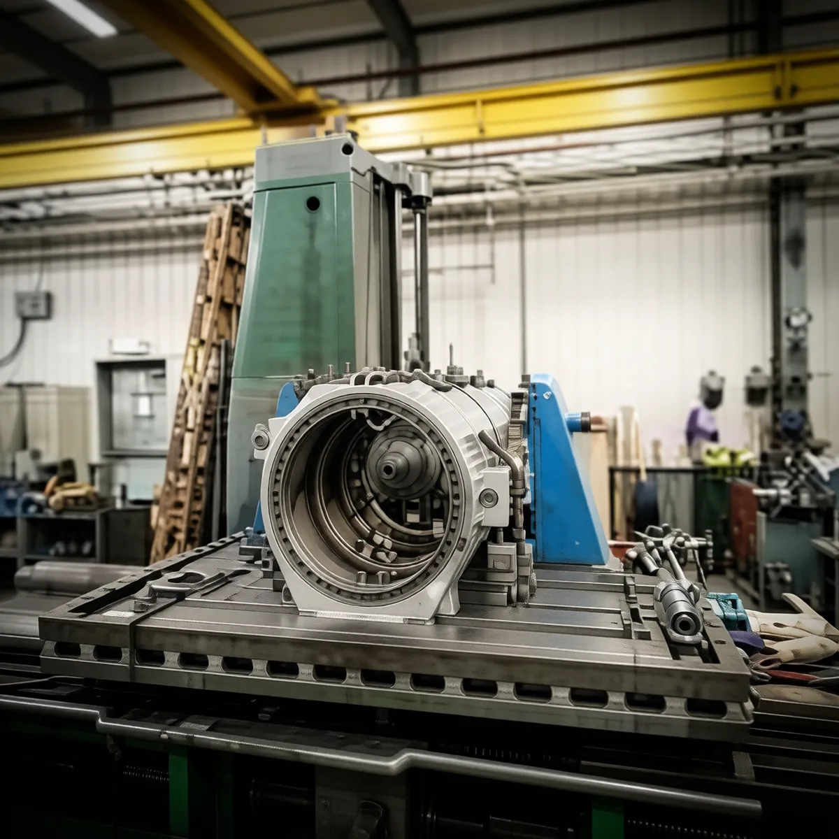 Mud pump frame under repair in the KMS fabrication shop