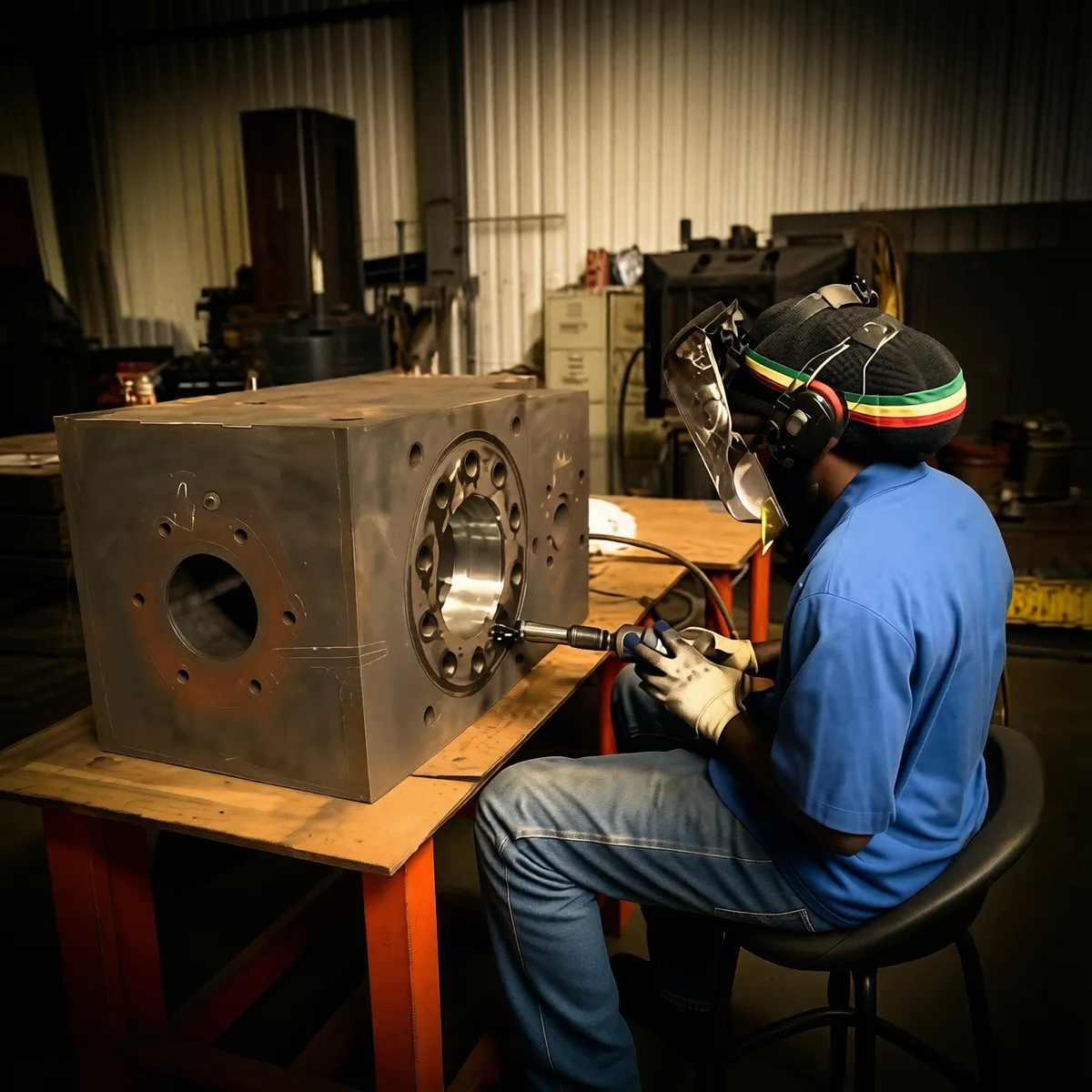 Welding repair work on oilfield pump components at KMS