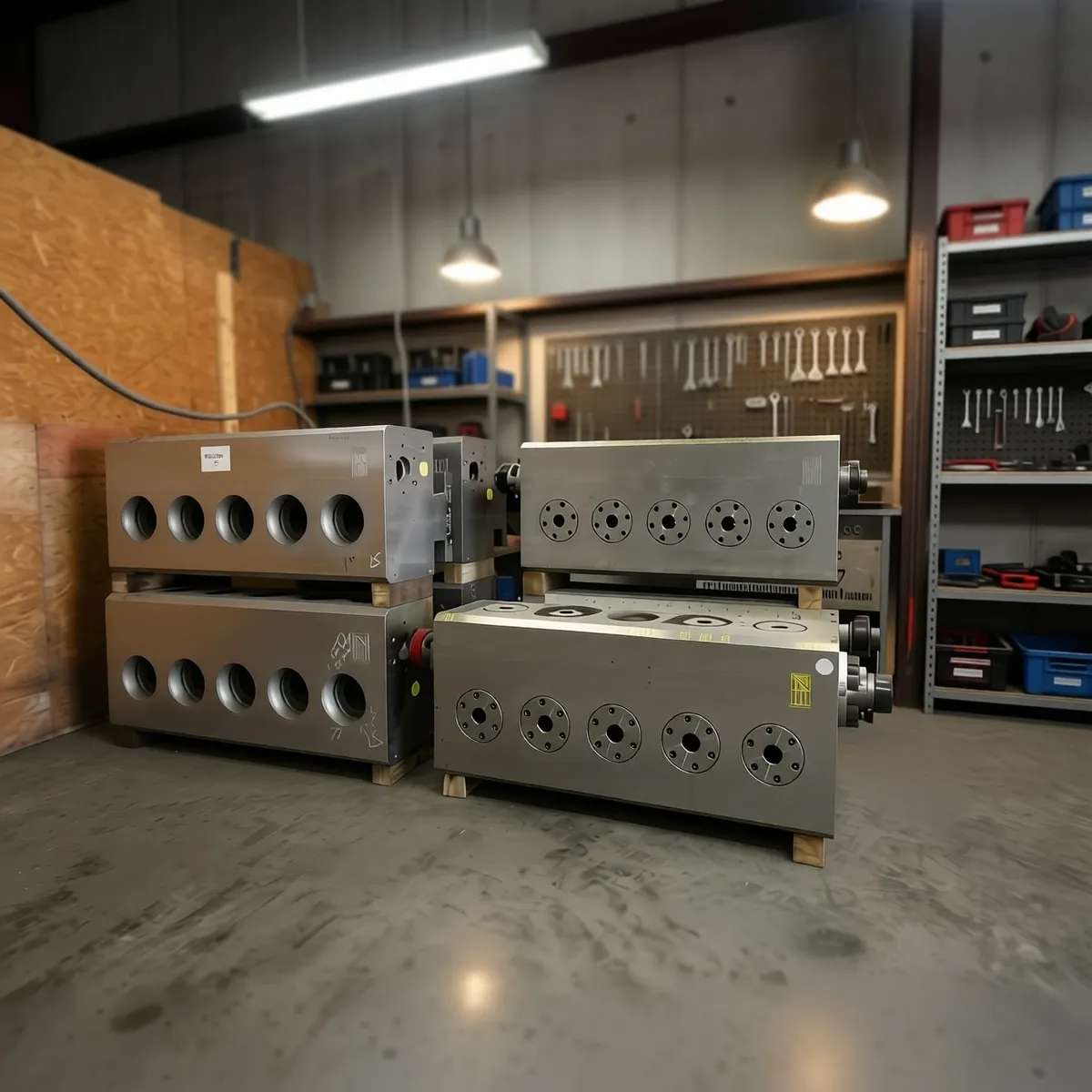 Repaired mud pump fluid end blocks staged at the KMS shop