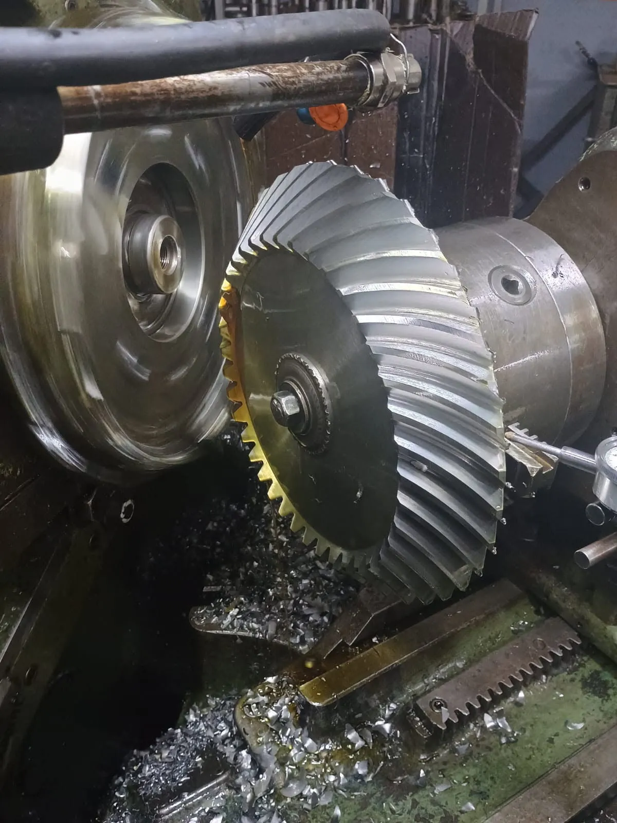 Precision gear machining on a lathe at the KMS shop
