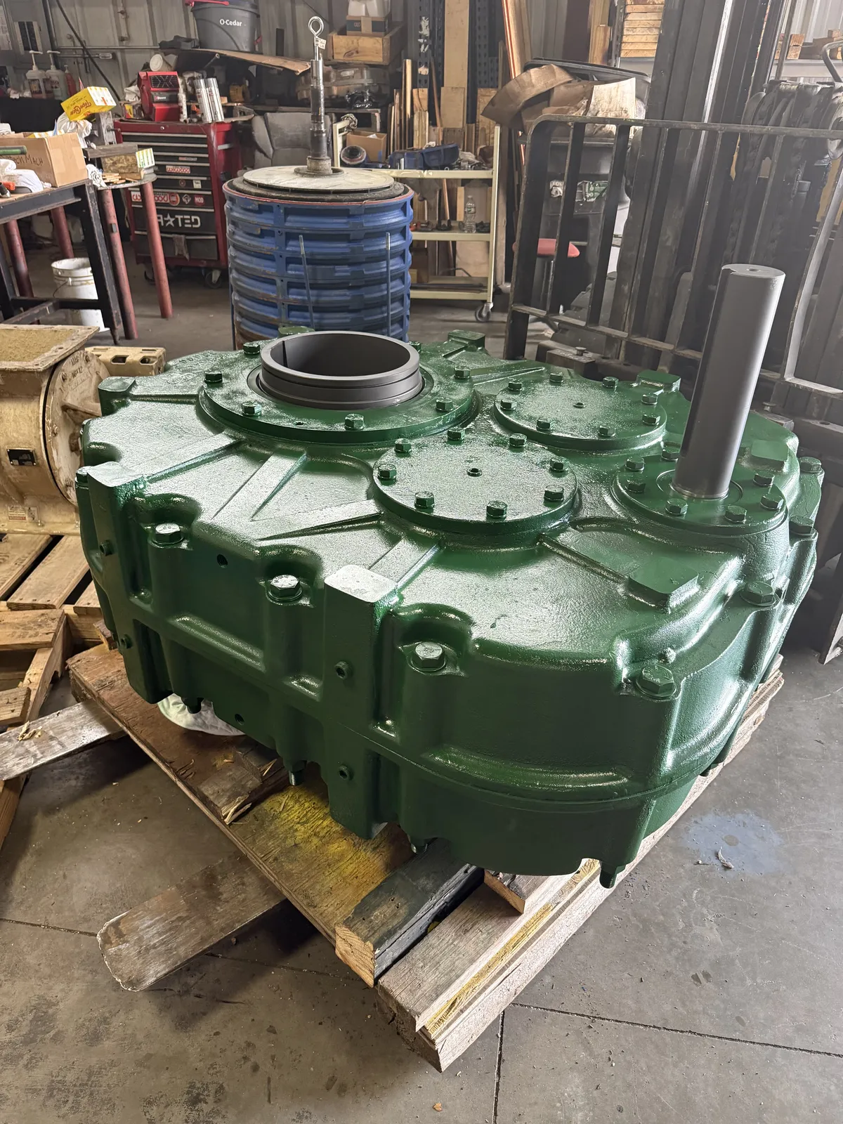 Restored industrial gearbox painted and crated at KMS